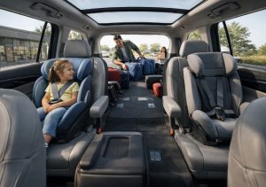 Family EV SUV interior with three rows and luggage space