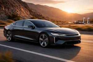 Long-range luxury electric sedan driving on an open highway