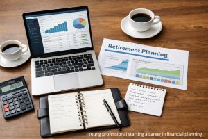 Financial planning workspace with laptop charts and notes